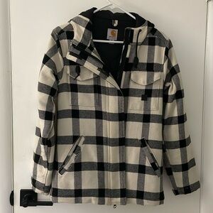 Carhartt women’s jacket black and white plaid zipper pockets XS